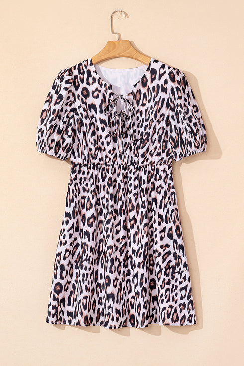 Brown Leopard Tied Front Keyhole Puff Short Sleeve Mini Dress